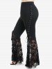 Flower Print Twist Convertible Collar Top and Lace Panel Flare Pants with Lace-up Plus Size Outfit -  