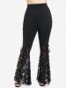 Flower Print Twist Convertible Collar Top and Lace Panel Flare Pants with Lace-up Plus Size Outfit -  