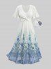 Plus Size Blue And White Porcelain Flowers Print Twist Hollow Out Back Ruffles Dress -  