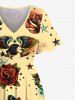 Robe D'été Mi-longue Grande Taille Imprimée de Rose et de Crâne - café lumière 3X