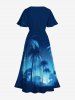 Robe Mi-Longue Hawaïen Fendue Cocotier et Galaxie Imprimés de Grande Taille - Bleu Ciel XS