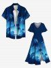 Robe Mi-Longue Hawaïen Fendue Cocotier et Galaxie Imprimés de Grande Taille - Bleu Ciel XS