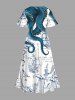 Robe Mi-Longue D'Entraînement Fendue Pieuvre et Bateau Imprimés de Grande Taille - Vert 4X