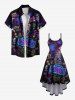 Plus Size Coconut Tree Sun Recorder Flamingo Watermelon Print High Low Hawaii Cami Dress - Noir M