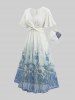 Plus Size Blue And White Porcelain Flowers Print Twist Hollow Out Back Ruffles Dress -  