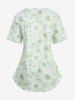 Plus Size Floral Leaf Print Mock Buttons Patchwork 2 in 1 Top -  