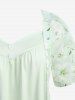 Plus Size Floral Leaf Print Mock Buttons Patchwork 2 in 1 Top -  