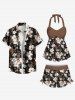 Plus Size Ombre Flower Leaf Print Hawaii Button Pocket Shirt For Men -  