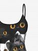 Haut de Tankini Chat Mignon Imprimé en Deux Couleurs à Bretelle Ajustable (Haut) - Noir 6X
