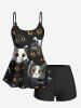 Haut de Tankini Chat Mignon Imprimé en Deux Couleurs à Bretelle Ajustable (Haut) - Noir 6X