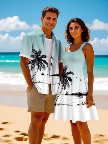 Coconut Tree Seagull Sailboat Ombre Print Plus Size Matching Hawaii Beach Outfit For Couples