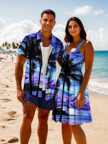 Short de Plage à Imprimé Cocotiers et Soleil Style Abstrait Grande-Taille pour Couples