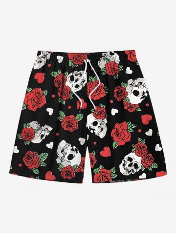 Plus Size Skull Rose Flower Leaf Heart Print Hawaii Drawstring Beach Shorts For Men - BLACK - M