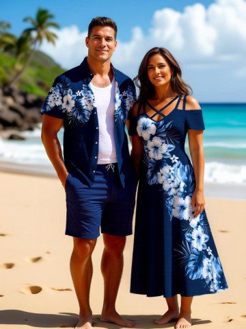 Tropical Leaf Hibiscus Flowers Print Plus Size Matching Hawaii Beach Outfit For Couples