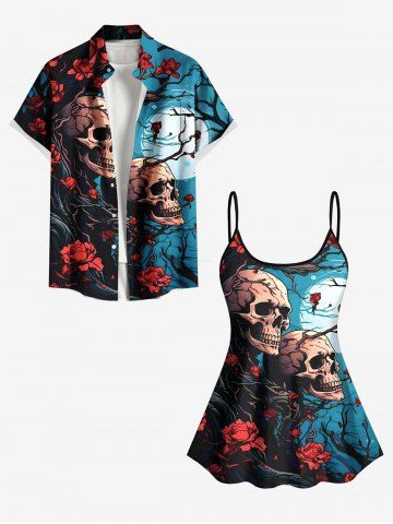 Tree Branch Flower Moon Skull Print Shirt Swimsuit Plus Size Matching Hawaii Beach Outfit For Couples
