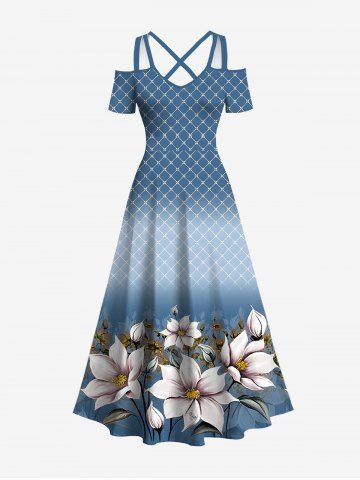 Plus Size Floral Leaves Plaid Ombre Printed Hawaii Cold Shoulder Crisscross A Line Maxi Dress - BLUE - 4X
