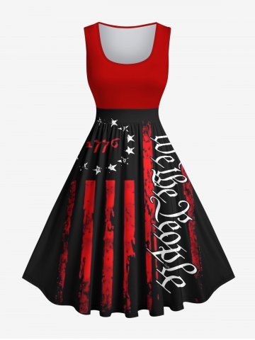 Plus Size Patriotic American Flag Letters Print 1950s Vintage Dress - BLACK - S