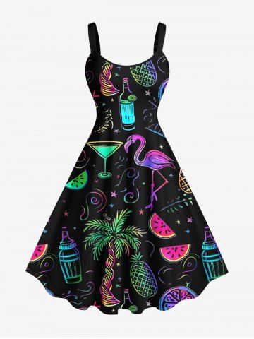 Plus Size Coconut Tree Flamingo Fruit Juice Pineapple Watermelon Print Hawaii Tank Dress - BLACK - XXS