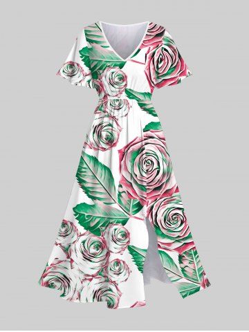 Robe Trapèze Mi-longue à Imprimé Floral et Feuille 3D avec Poche Grande Taille