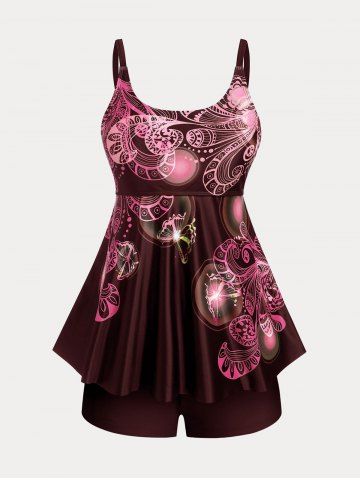 Plus Size & Curve Butterfly Padded Boyleg Modest Tankini  Swimsuit - DEEP RED - 3X