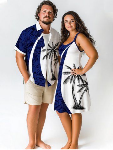 Coconut Tree Tropical Leaf Print Plus Size Matching Hawaii Beach Outfit For Couples