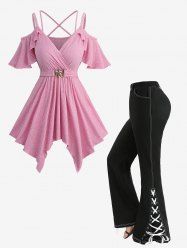 Ribbed Solid Crisscross Surplice Handkerchief Top and Split Lace Up Topstitching Flare Pants Plus Size Outfit -  