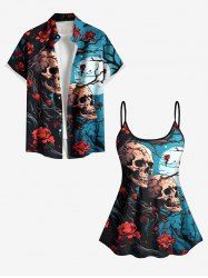 Tree Branch Floral Moon Skull Print Shirt Swimsuit Plus Size Matching Hawaii Beach Outfit For Couples -  