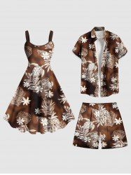 Tenue de plage hawaïenne assortie grande taille, motif feuilles tropicales, fleurs, tortues, imprimé graphique ethnique, pour couples - café 