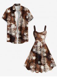 Tenue de plage hawaïenne assortie grande taille, motif feuilles tropicales, fleurs, tortue, imprimé ethnique ombré, pour couples - café 