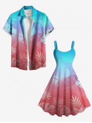 Tenue de plage hawaïenne assortie grande taille à imprimé feuilles tropicales ombrées pour couples - Rouge 