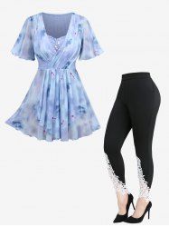 Haut Tunique avec Surplis à Imprimé Fleurs Peintes à L'Aquarelle et Leggings Grande-Taille - Bleu clair 