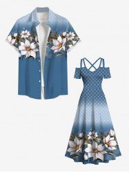 Flower Leaf Plaid Ombre Print Plus Size Matching Hawaii Beach Outfit For Couples -  
