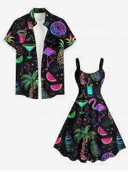 Short de Plage Hawaïen Flamant et Ananas Imprimés de Grande Taille pour Couple - Noir 