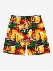 Short de Plage Hawaïen en Verre de Grande Taille Imprimé Cocotier et Bière pour Hommes - Orange 8XL