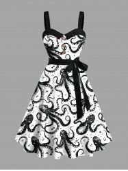 Plus Size Octopus Two Tone Print Buttons Turn Down Collar Hawaii Dress With Belt -  