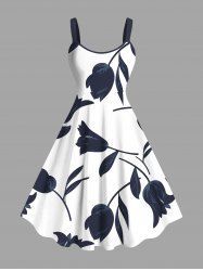 Plus Size Flowers Leaf Print Hawaii Tank Dress -  