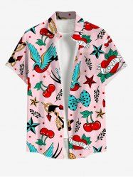 Plus Size Bird Cherry Heart Anchor Bowknot Cruise Print Hawaii Button Pocket Shirt For Men -  