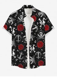 Plus Size Skull Pirate Rose Flower Star Anchor Cruise Print Buttons Pocket Hawaii Shirt For Men -  