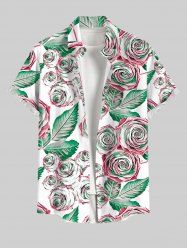 Plus Size 3D Rose Flower Leaf Print Hawaii Button Pocket Shirt For Men -  