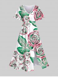 Plus Size 3D Rose Flower Leaf Print Hawaii Split Pocket A Line Midi Dress -  