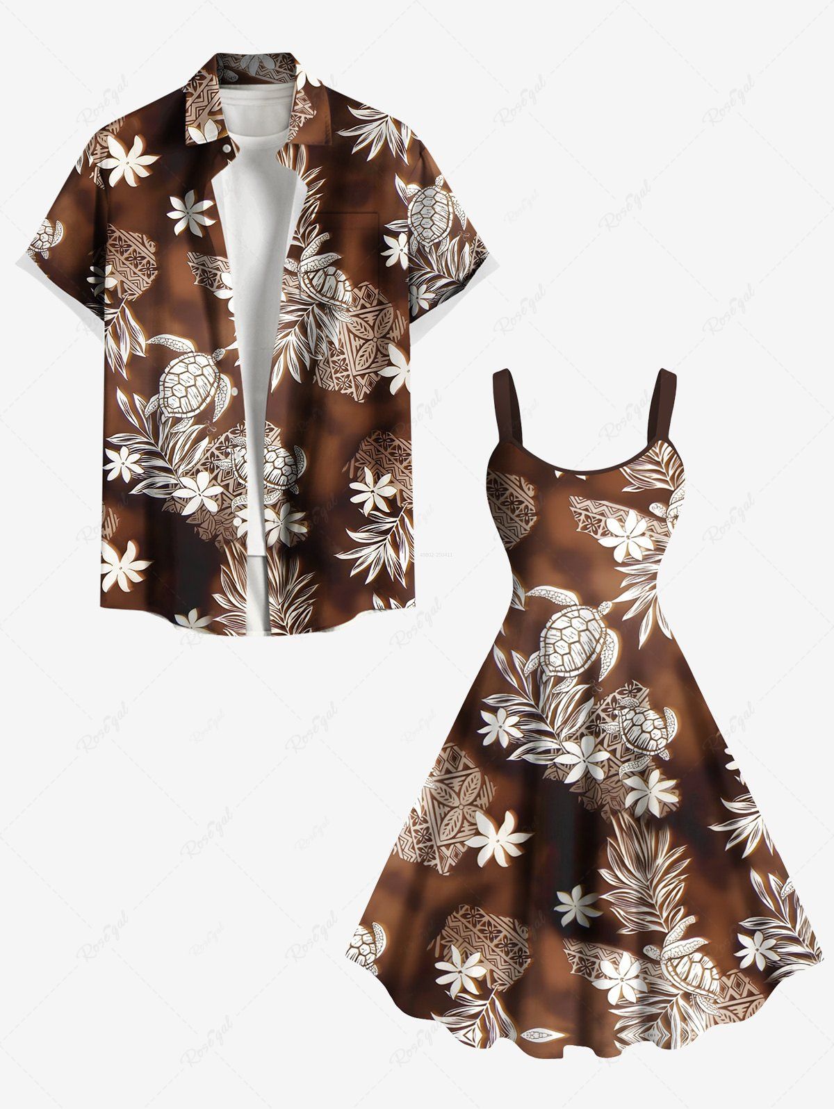 Tenue de plage hawaïenne assortie grande taille, motif feuilles tropicales, fleurs, tortue, imprimé ethnique ombré, pour couples café 