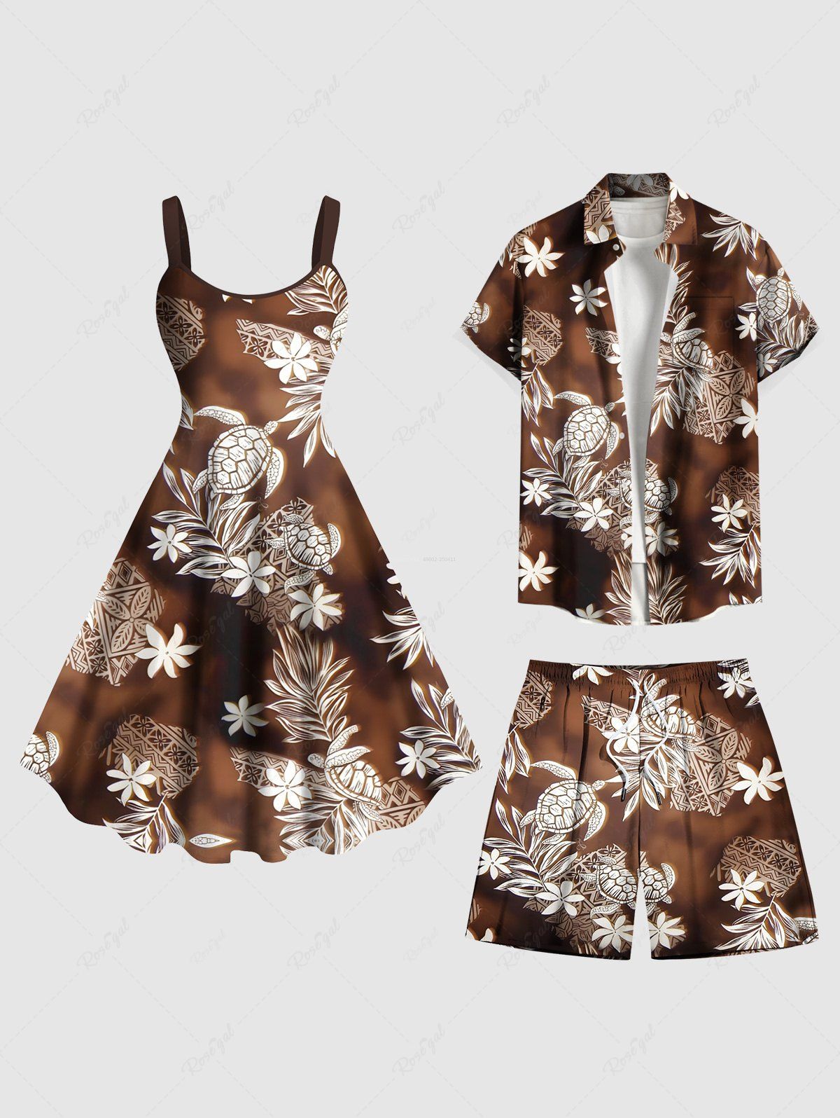 Tenue de plage hawaïenne assortie grande taille, motif feuilles tropicales, fleurs, tortues, imprimé graphique ethnique, pour couples café 