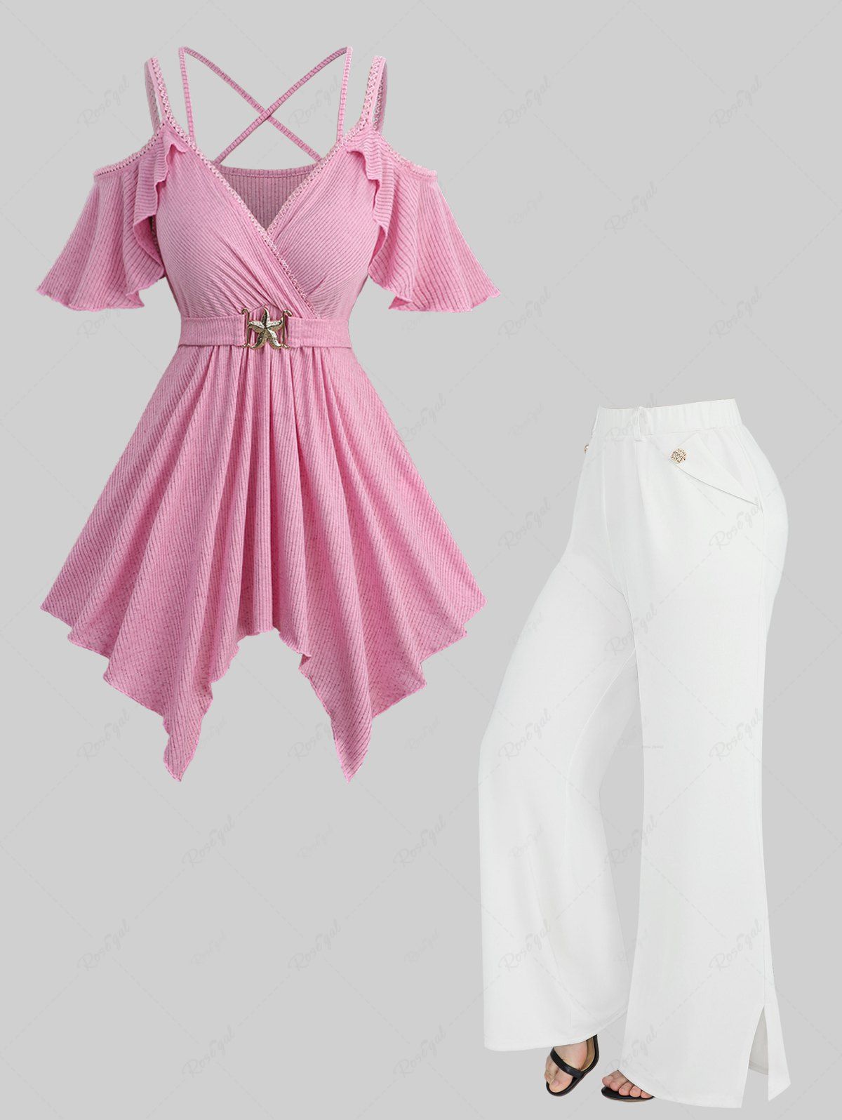 Outfit Ribbed Solid Crisscross Surplice Handkerchief Top and Buttons Slant Pockets Split Wide Leg Pants Plus Size Outfit  