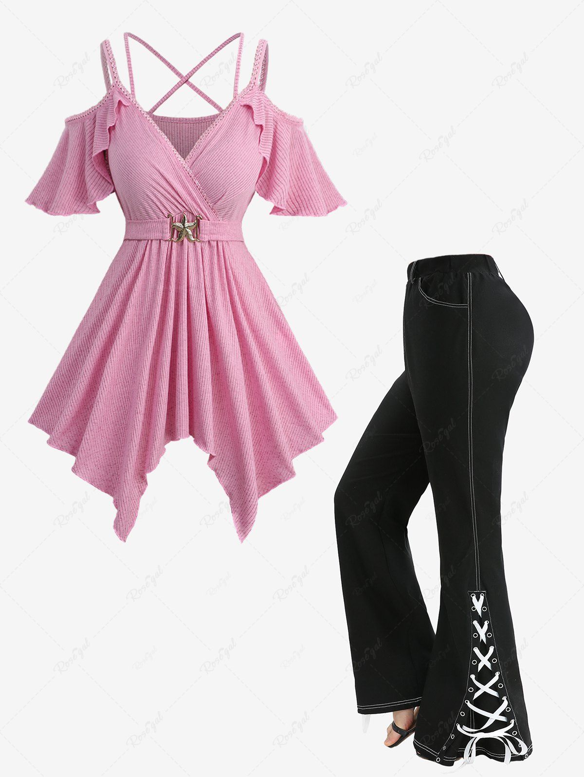 New Ribbed Solid Crisscross Surplice Handkerchief Top and Split Lace Up Topstitching Flare Pants Plus Size Outfit  
