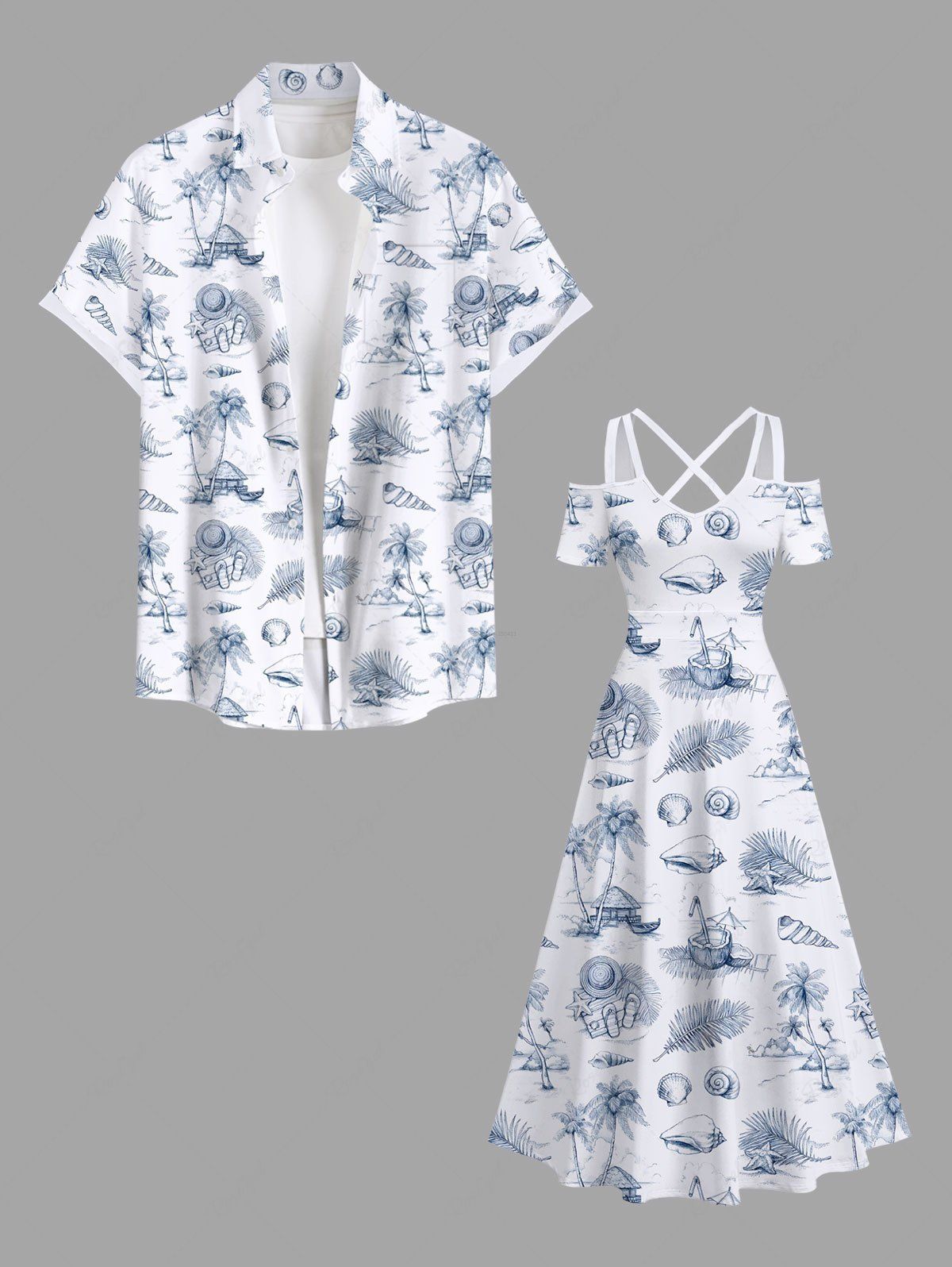 Tenue de Plage pour Couple en Forme de Cocotiers et Feuilles Tropicales Grande-Taille Blanc 