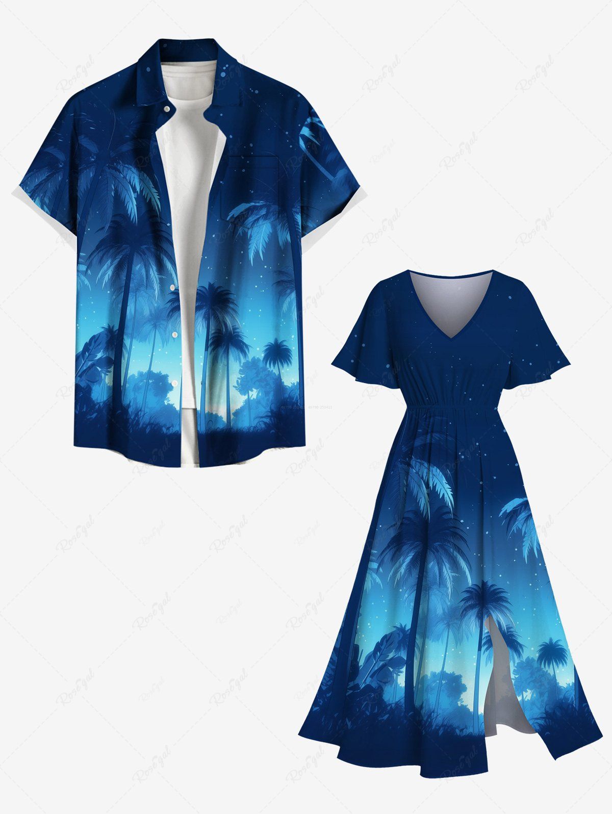 Tenue de Plage Grande Taille Imprimé Cocotiers et Galaxie Assortis pour Couples Bleu Ciel 
