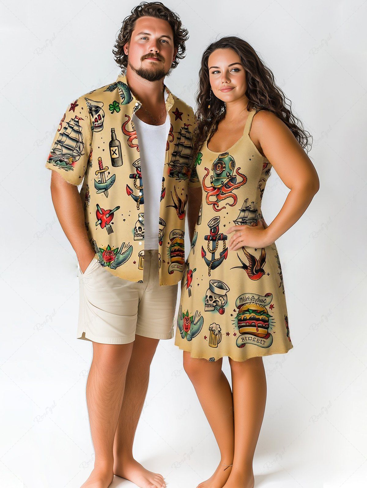 Trendy Skull Heart Octopus Anchor Hamburger Flowers Print Plus Size Matching Hawaii Beach Outfit For Couples  