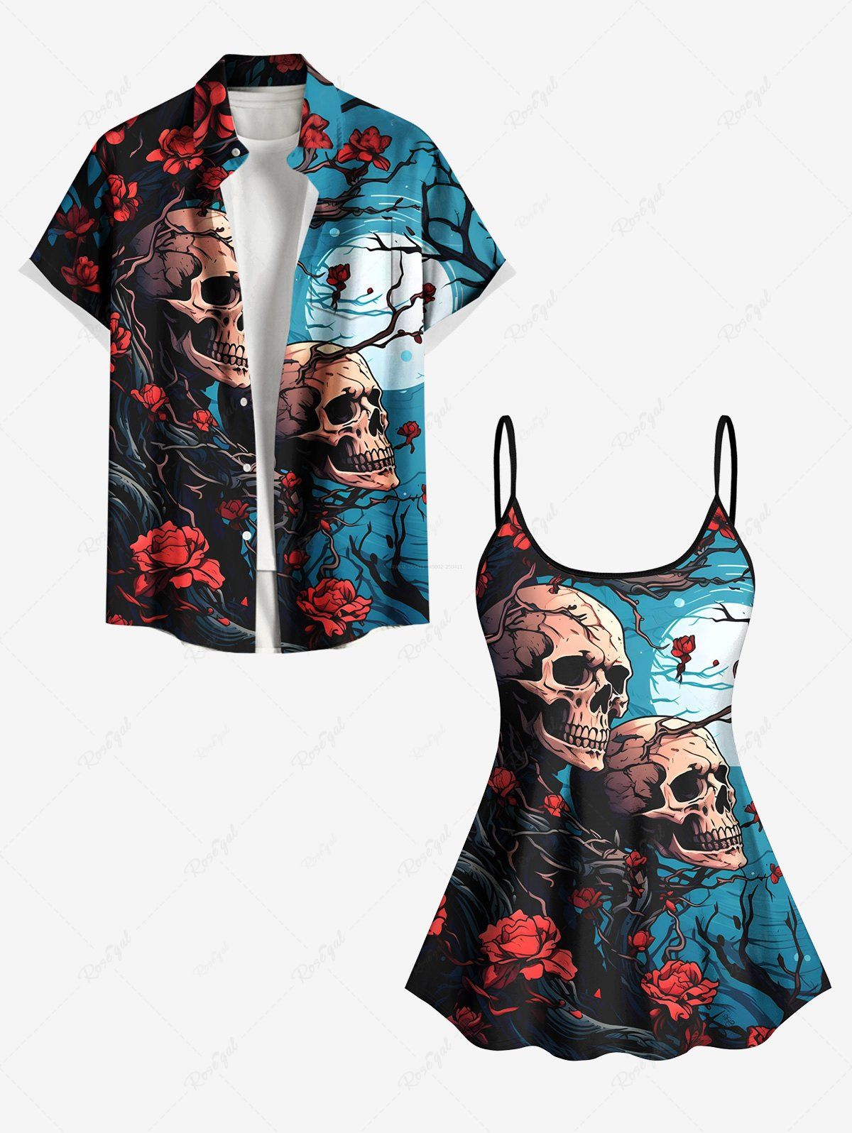 Store Tree Branch Floral Moon Skull Print Shirt Swimsuit Plus Size Matching Hawaii Beach Outfit For Couples  