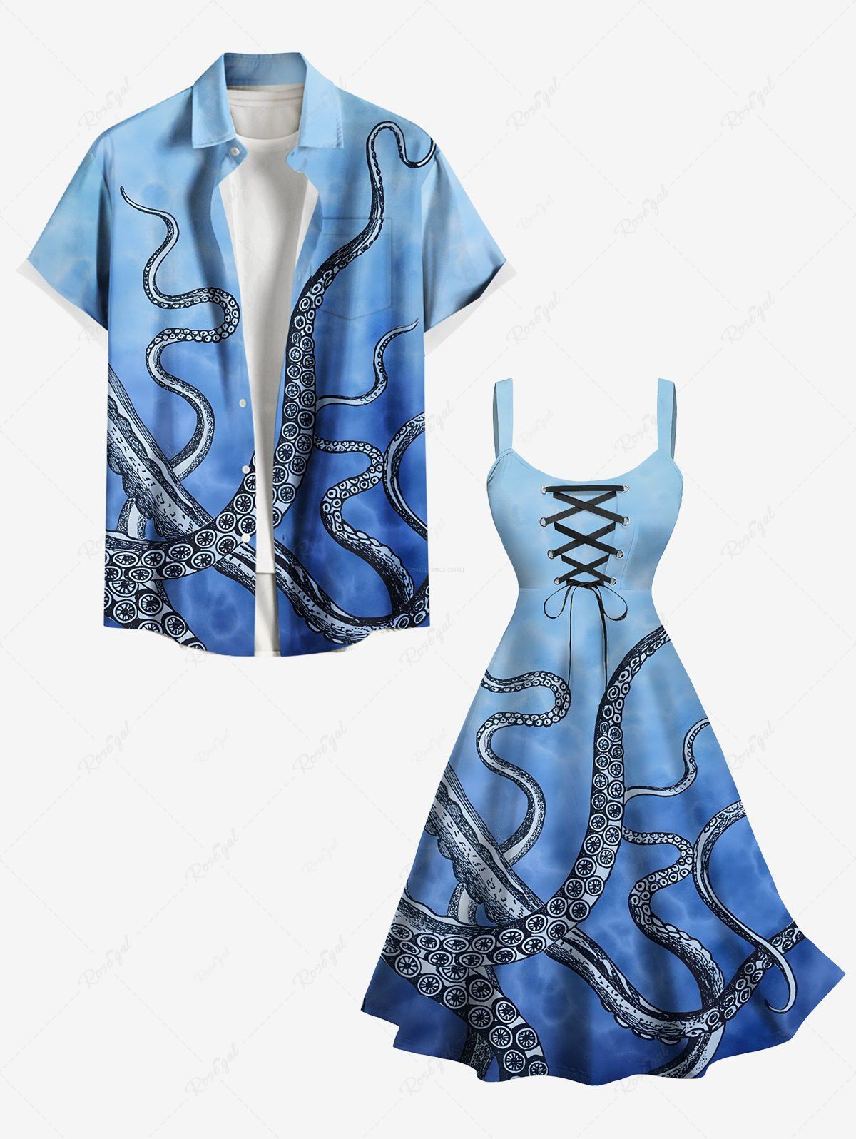 Fashion Octopus Ombre Sea Print Plus Size Matching Beach Outfit For Couples  