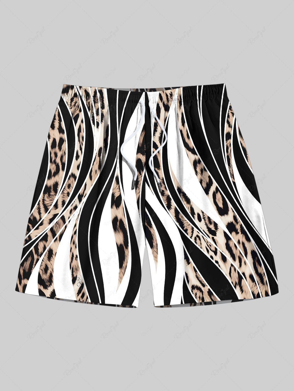 New Plus Size Leopard Curve Colorblock Print Hawaii Drawstring Beach Shorts For Men  
